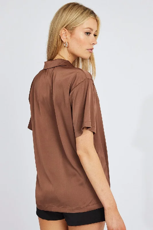 Brown Satin Shirt Short Sleeve