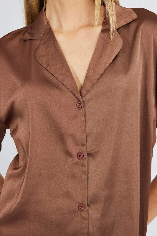 Brown Satin Shirt Short Sleeve