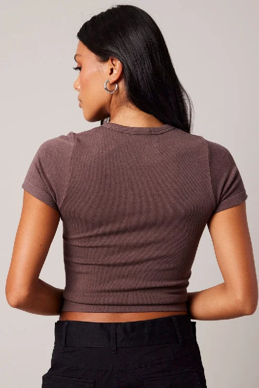 Brown T Shirt Short Sleeve Crew Neck Seamless