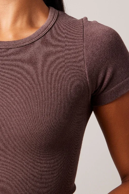 Brown T Shirt Short Sleeve Crew Neck Seamless