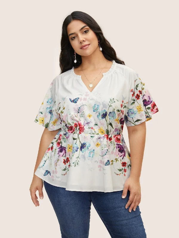 Floral Flat Collar With V Notch Frill Trim Blouse