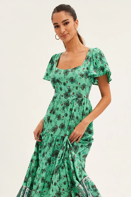 Green Boho Maxi Dress Square Neck Short Sleeve