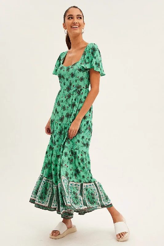 Green Boho Maxi Dress Square Neck Short Sleeve