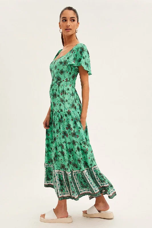 Green Boho Maxi Dress Square Neck Short Sleeve