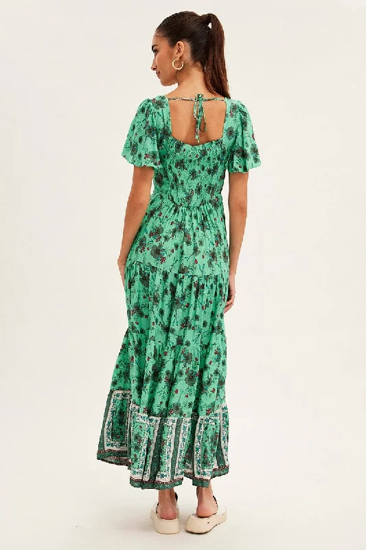 Green Boho Maxi Dress Square Neck Short Sleeve