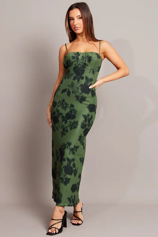 Green Floral Bodycon Dress Singlet Midi