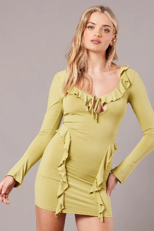 Green Ruffle Mini Dress Bell Cuff Bodycon Dress