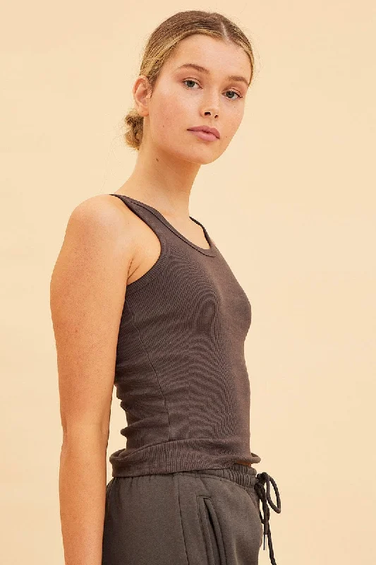 Grey Cotton Tank Scoop Neck Cotton Blend Rib Sleeveless