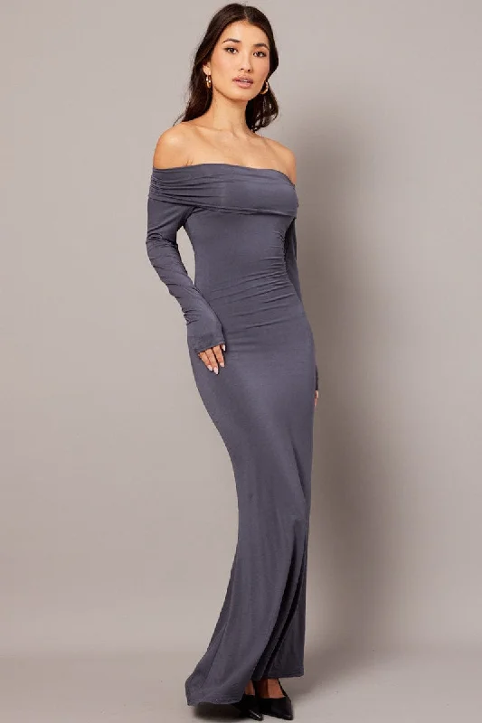 Grey Off Shoulder Dress Long Sleeve Maxi