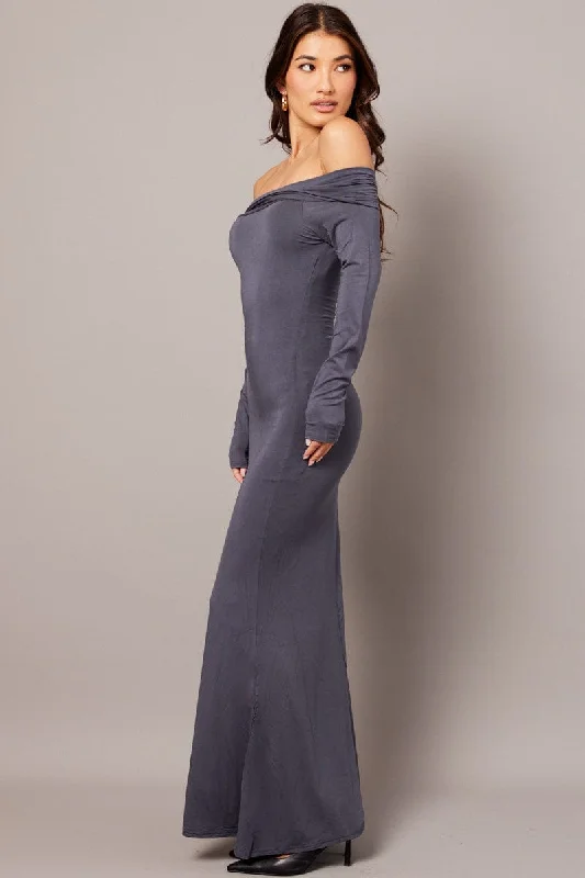 Grey Off Shoulder Dress Long Sleeve Maxi