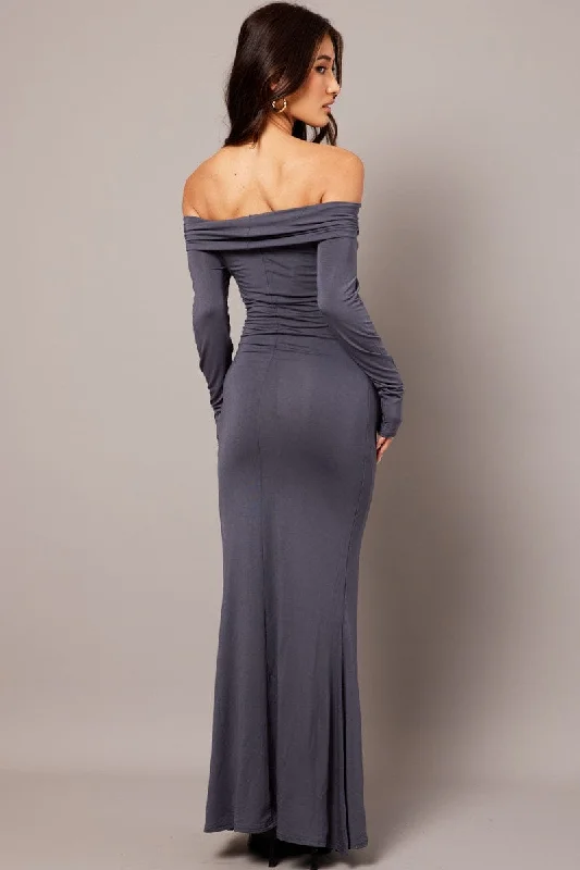 Grey Off Shoulder Dress Long Sleeve Maxi