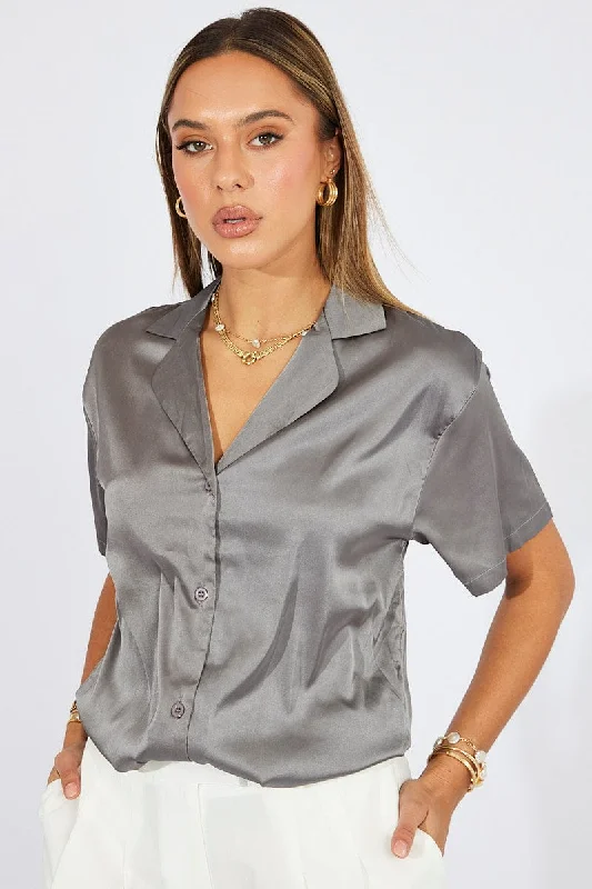 Grey Satin Shirt Short Sleeve