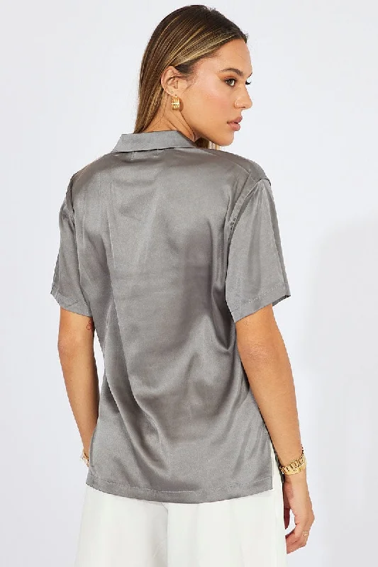 Grey Satin Shirt Short Sleeve