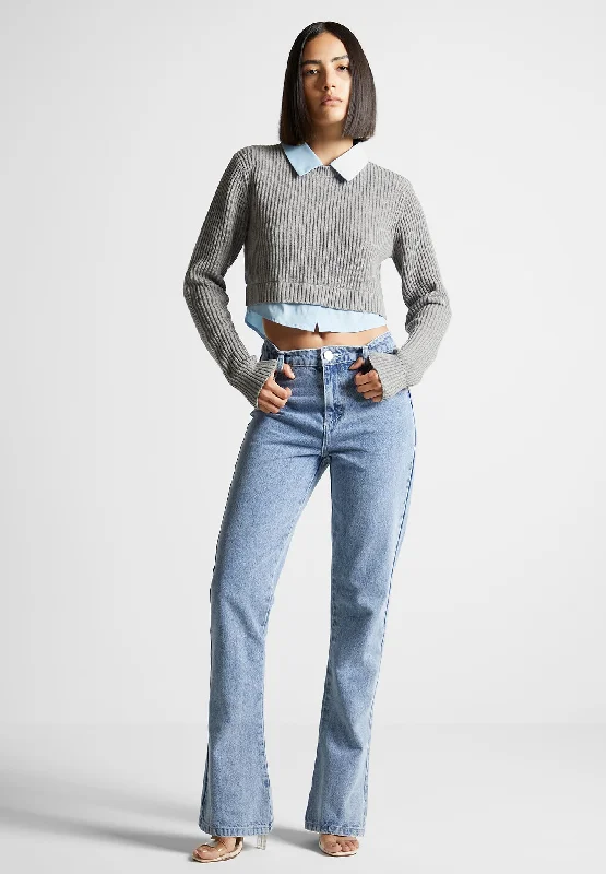 Knitted Jumper with Shirt Detail - Blue/Grey