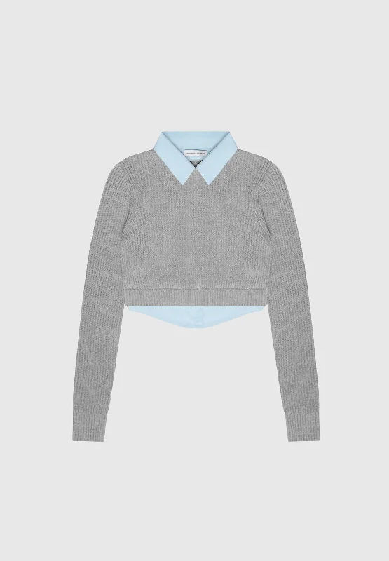 Knitted Jumper with Shirt Detail - Blue/Grey