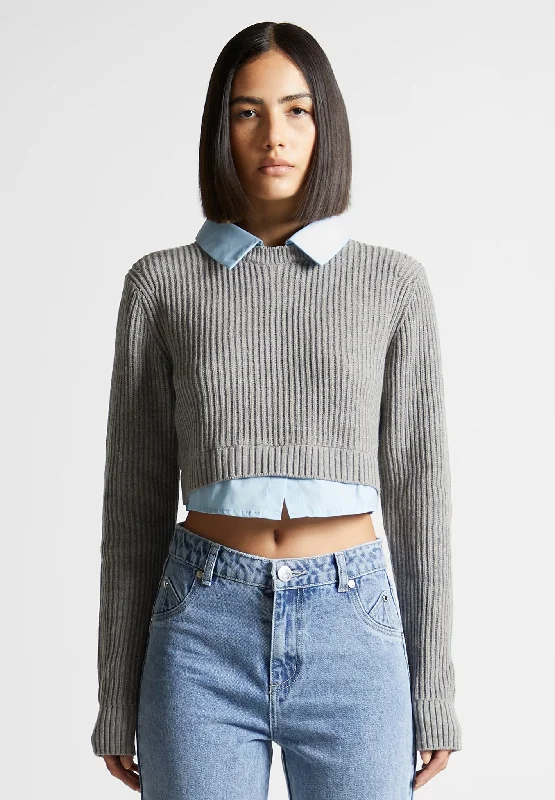 Knitted Jumper with Shirt Detail - Blue/Grey