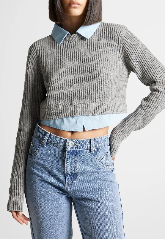 Knitted Jumper with Shirt Detail - Blue/Grey