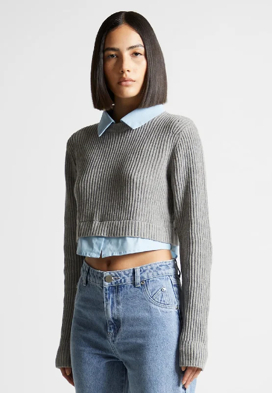 Knitted Jumper with Shirt Detail - Blue/Grey