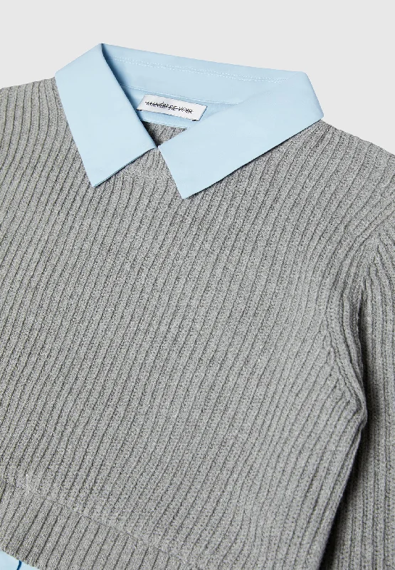 Knitted Jumper with Shirt Detail - Blue/Grey