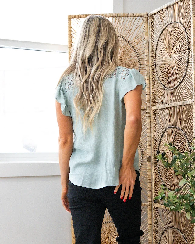 Naomi Lace Flutter Sleeve Button Down Top - Mint FINAL SALE