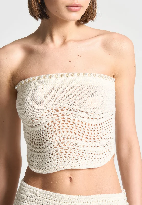 Pearl Applique Crochet Bandeau Top - Cream