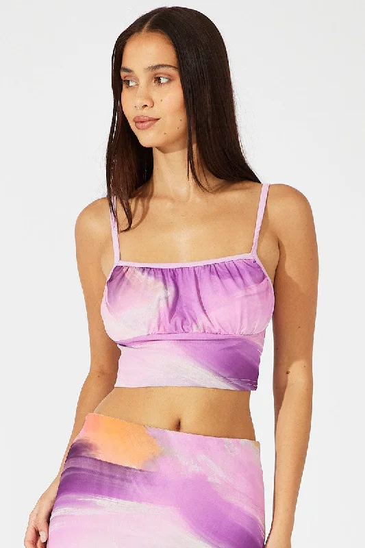 Pink Abstract Singlet Cami Crop Mesh Printed