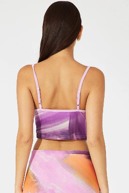 Pink Abstract Singlet Cami Crop Mesh Printed