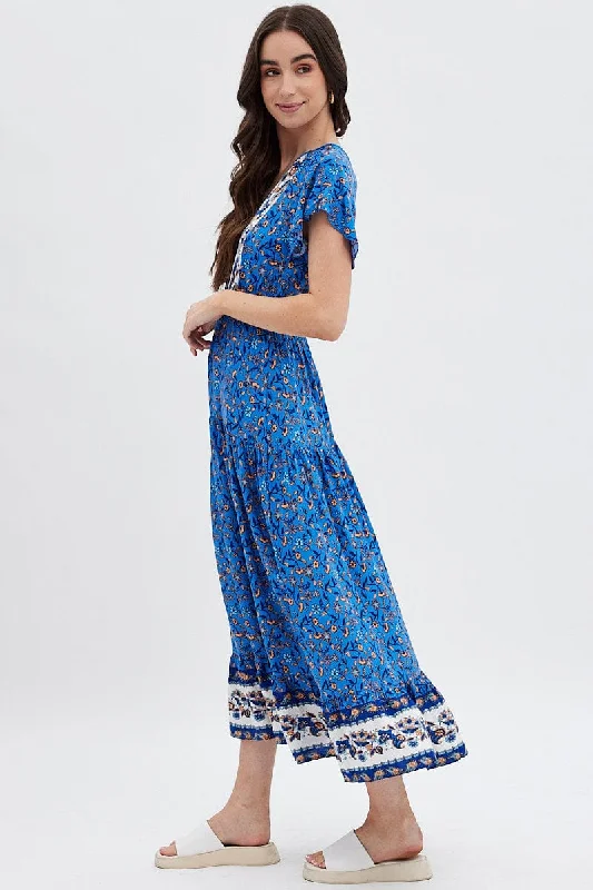 Blue Boho Bell Sleeve Midi Dress