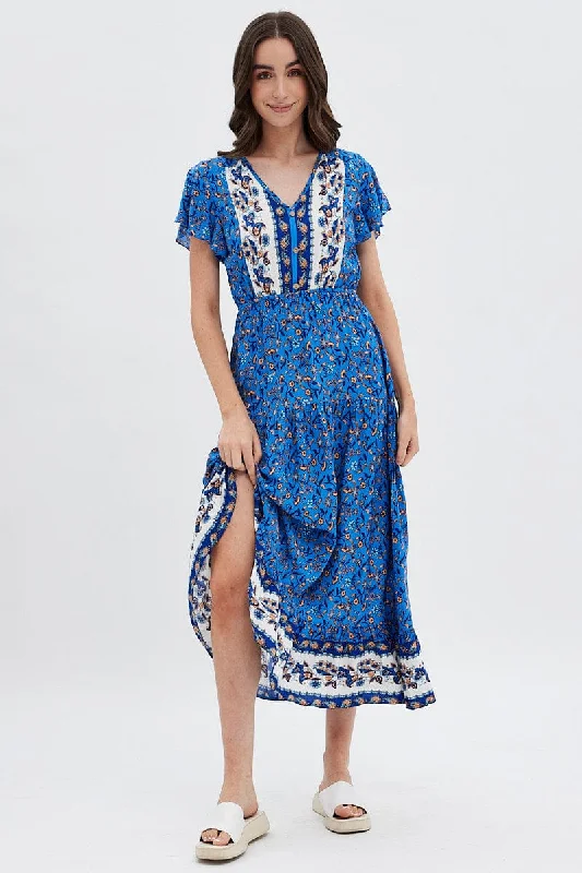 Blue Boho Bell Sleeve Midi Dress