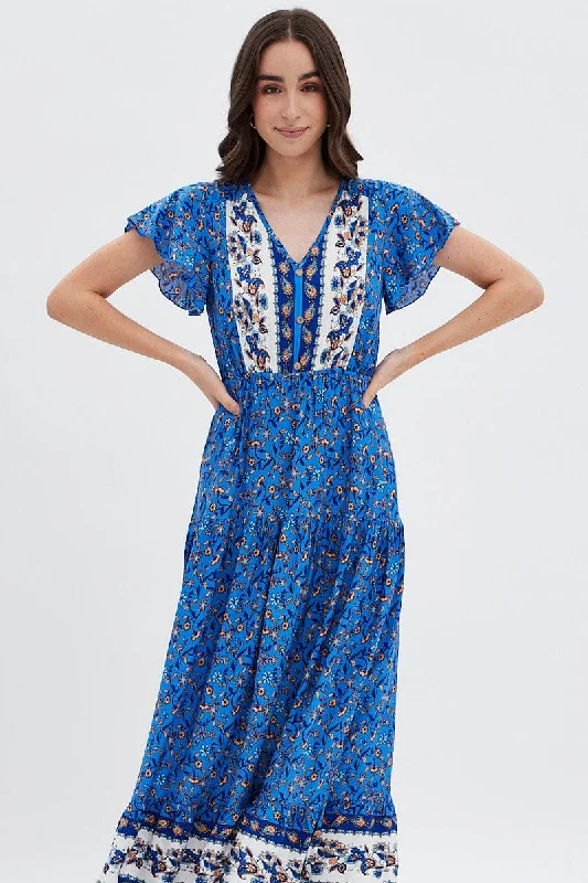 Blue Boho Bell Sleeve Midi Dress