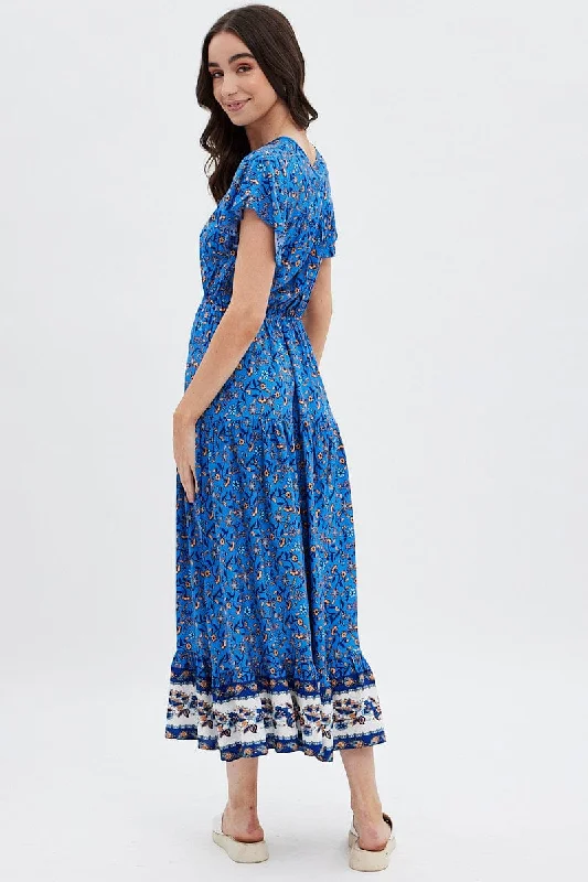 Blue Boho Bell Sleeve Midi Dress