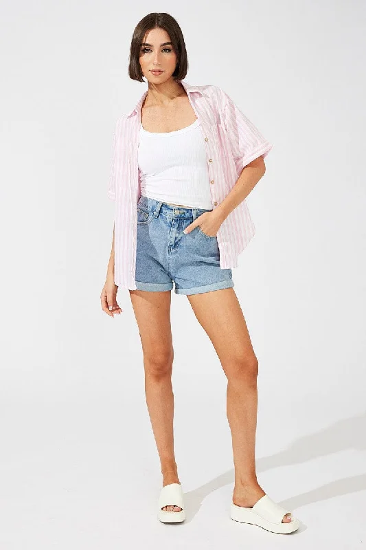 Pink Stripe Shirt Short Sleeve Collared Neck