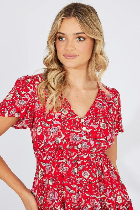 Red Boho Fit And Flare Dress V-neck Mini