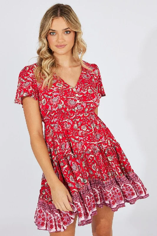 Red Boho Fit And Flare Dress V-neck Mini