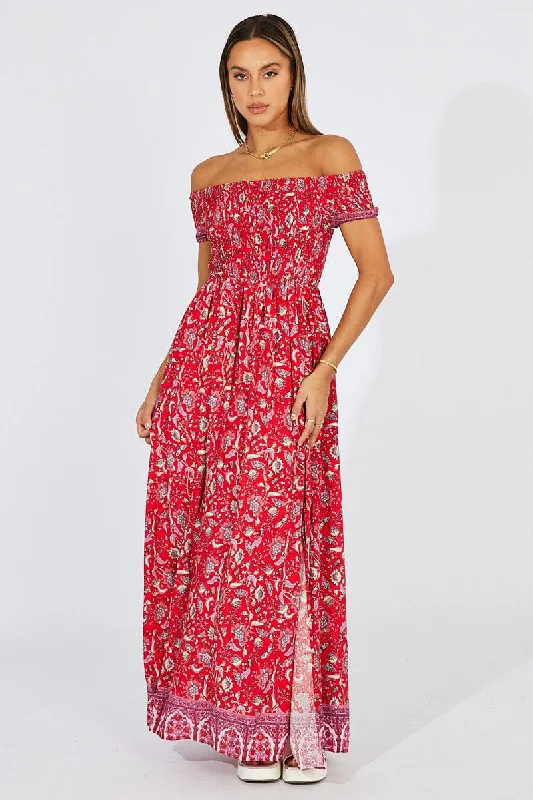 Red Boho Maxi Dress Off Shoulder