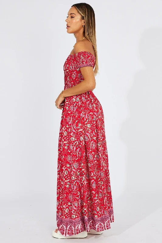 Red Boho Maxi Dress Off Shoulder