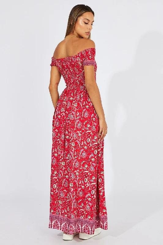 Red Boho Maxi Dress Off Shoulder