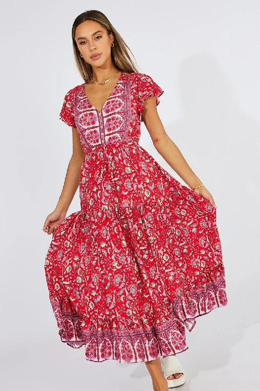 Red Boho Maxi Dress Short Sleeve