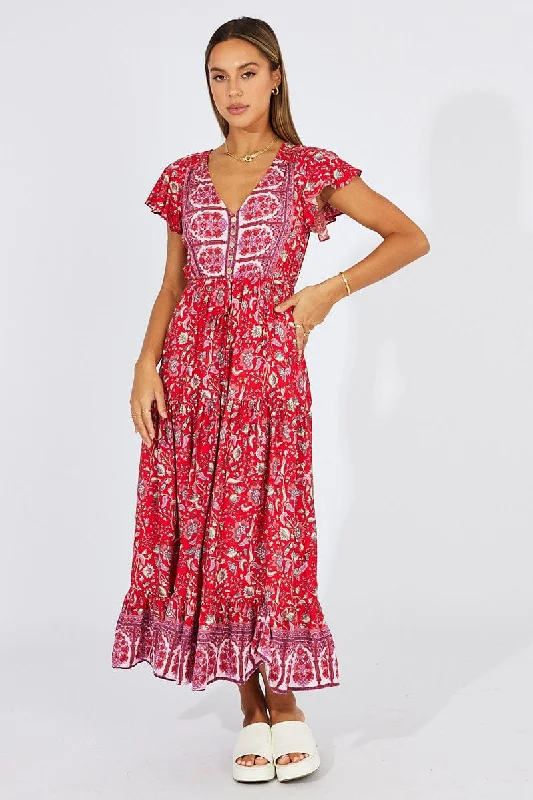 Red Boho Maxi Dress Short Sleeve