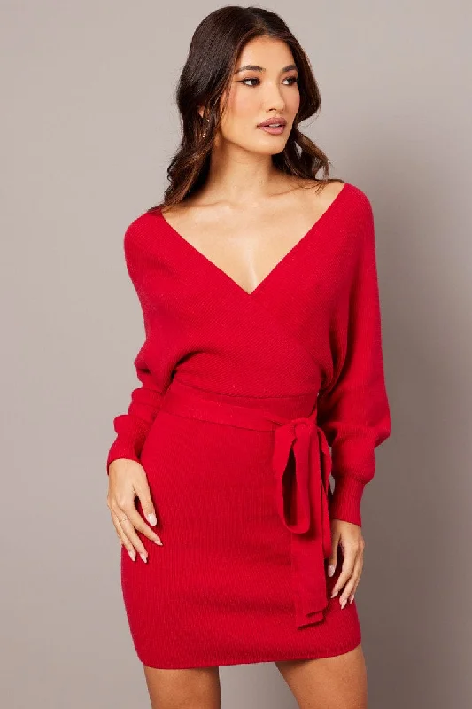 Red Knit Bodycon Dress Wrap Neck