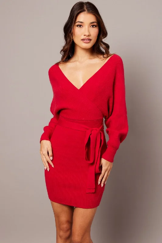 Red Knit Bodycon Dress Wrap Neck