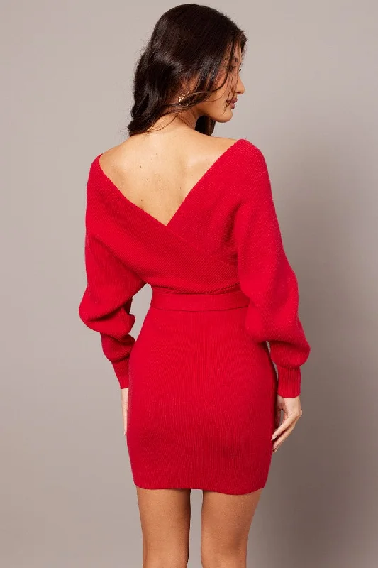 Red Knit Bodycon Dress Wrap Neck