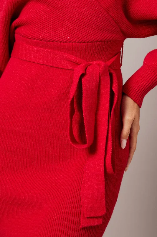 Red Knit Bodycon Dress Wrap Neck