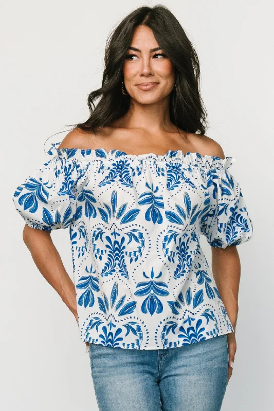 Santorini Off Shoulder Top | White + Blue