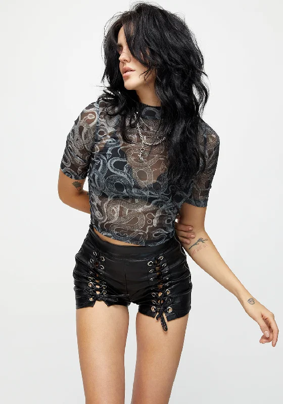 Serpente Print Mesh Short Sleeve Crop Top