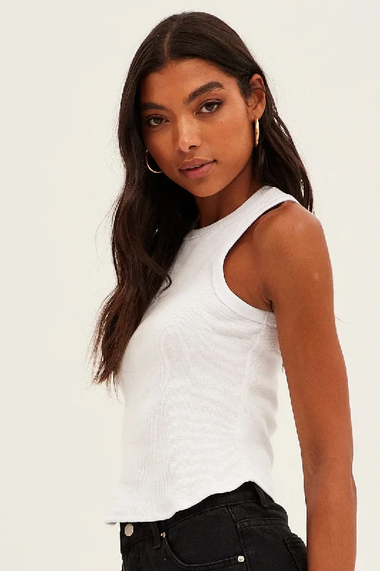 White Crew Tank High Neck Curved Hem Sleeveless