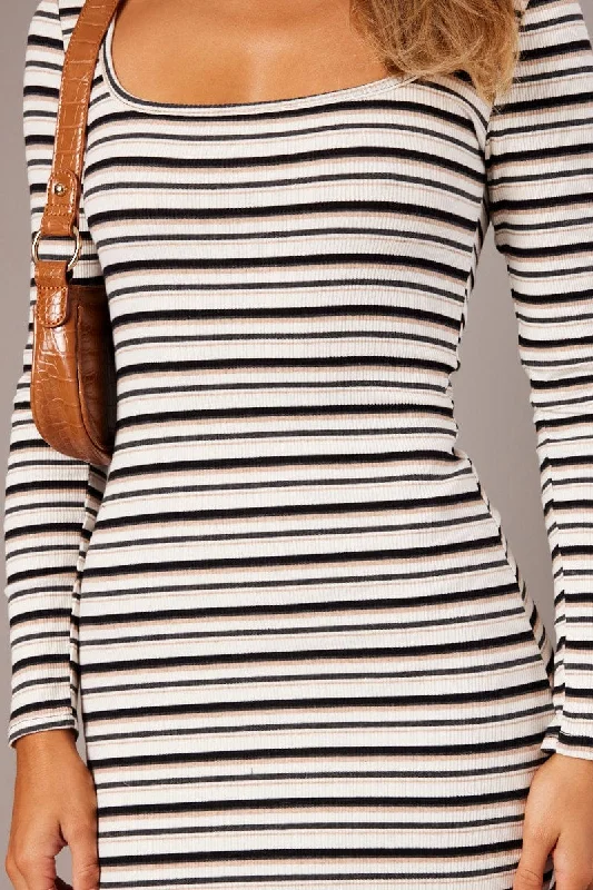 White Stripe Bodycon Dress Long Sleeve