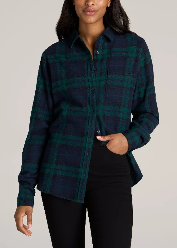 Flannel Button-Up Shirt for Tall Women in Emerald and Navy