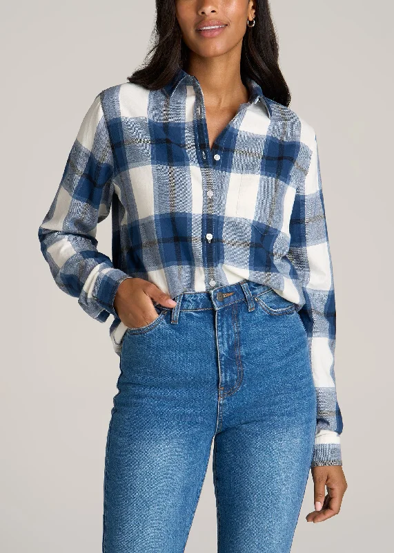 Flannel Button-Up Shirt for Tall Women in Ocean Blue and White