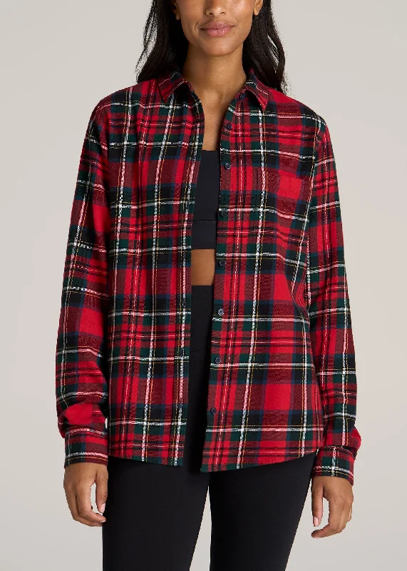 Flannel Button-Up Shirt for Tall Women in Red and Green Tartan